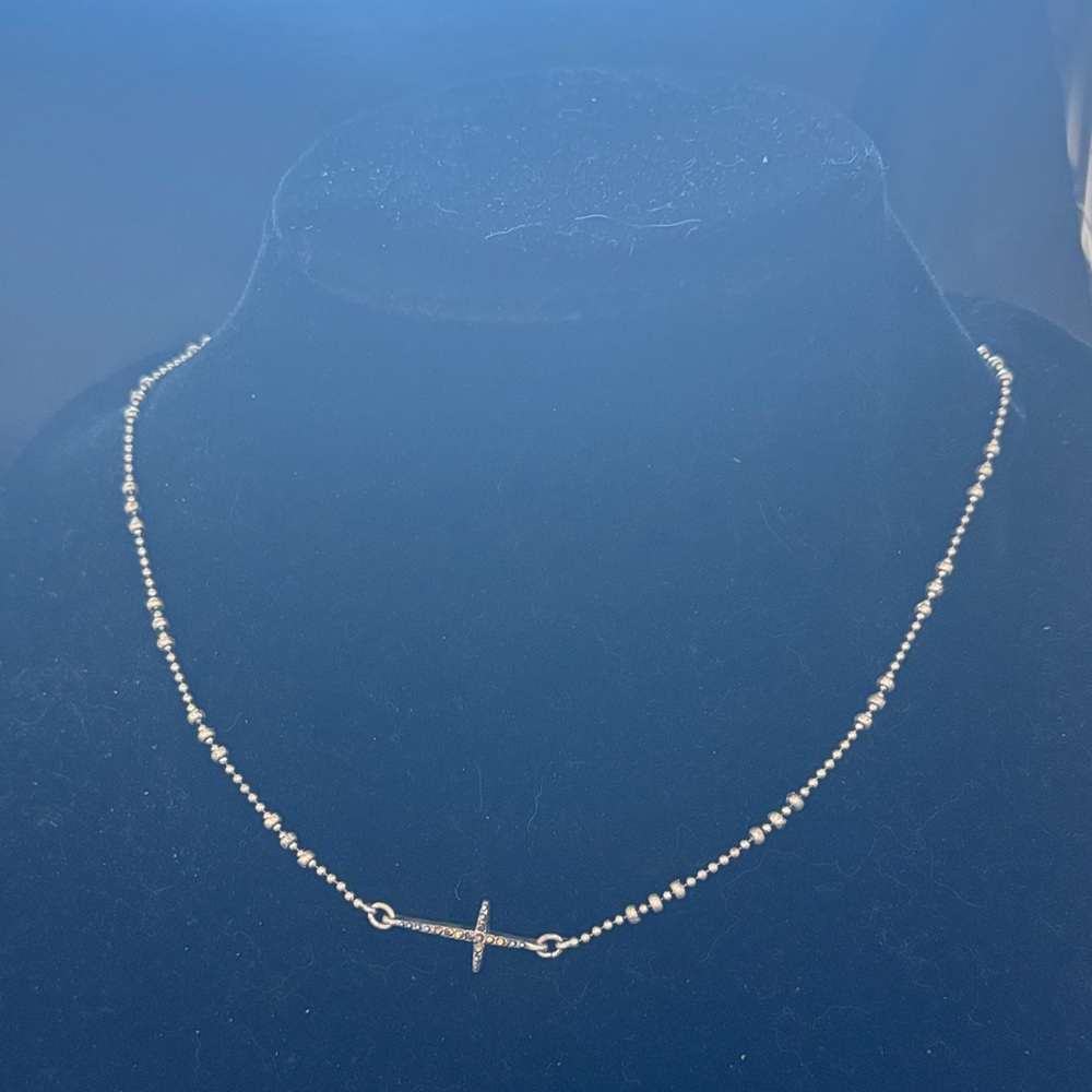 Lucky Brand Silver Beaded Necklace with Tiny Cross Pendant